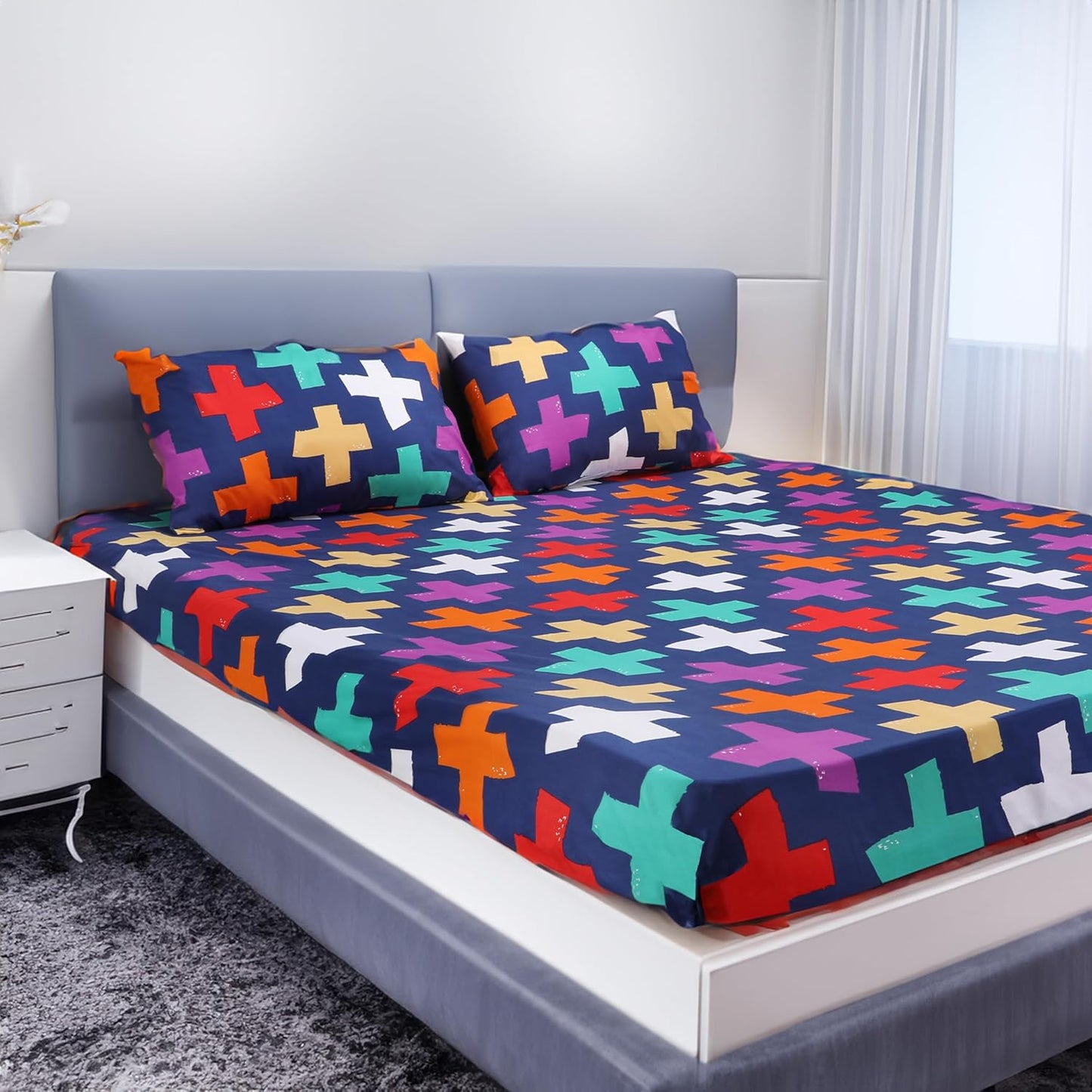 Super Soft microfibre printed bedsheet with pillow cover - Erin Navy